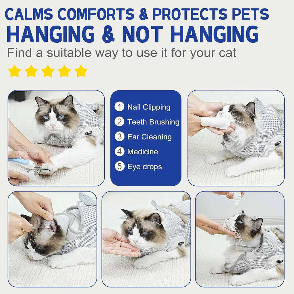 Noiseless pet grooming hammock wrap being adjusted on a calm cat without velcro noise
