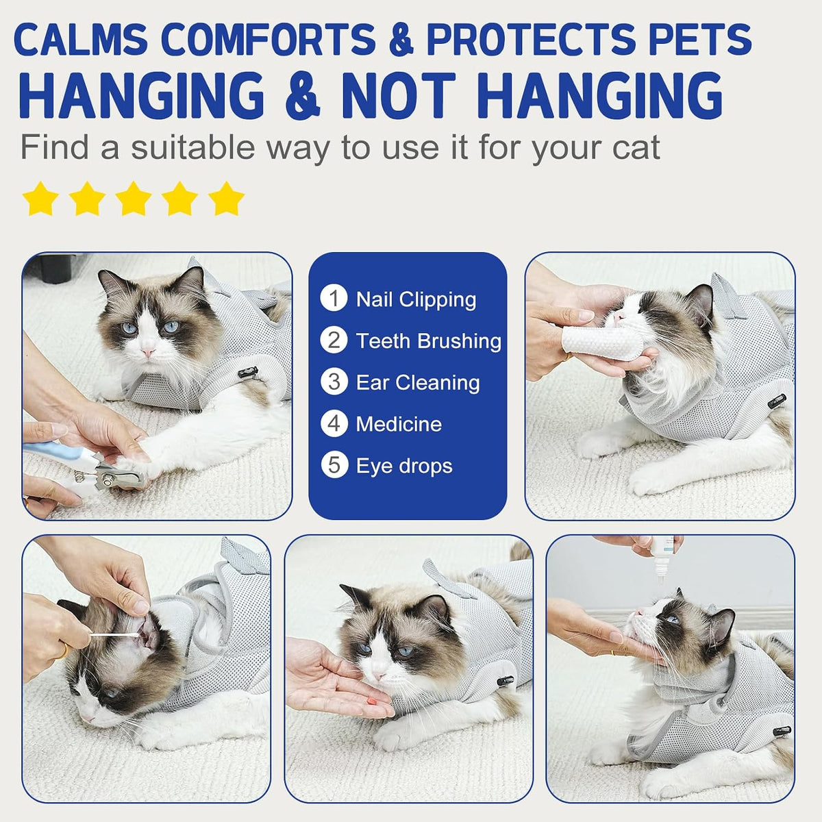 Noiseless pet grooming hammock wrap being adjusted on a calm cat without velcro noise