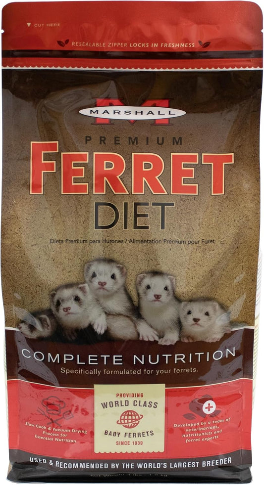 Marshall Pet Products Premium Ferret Diet four pound bag front view showing complete nutrition formula.
