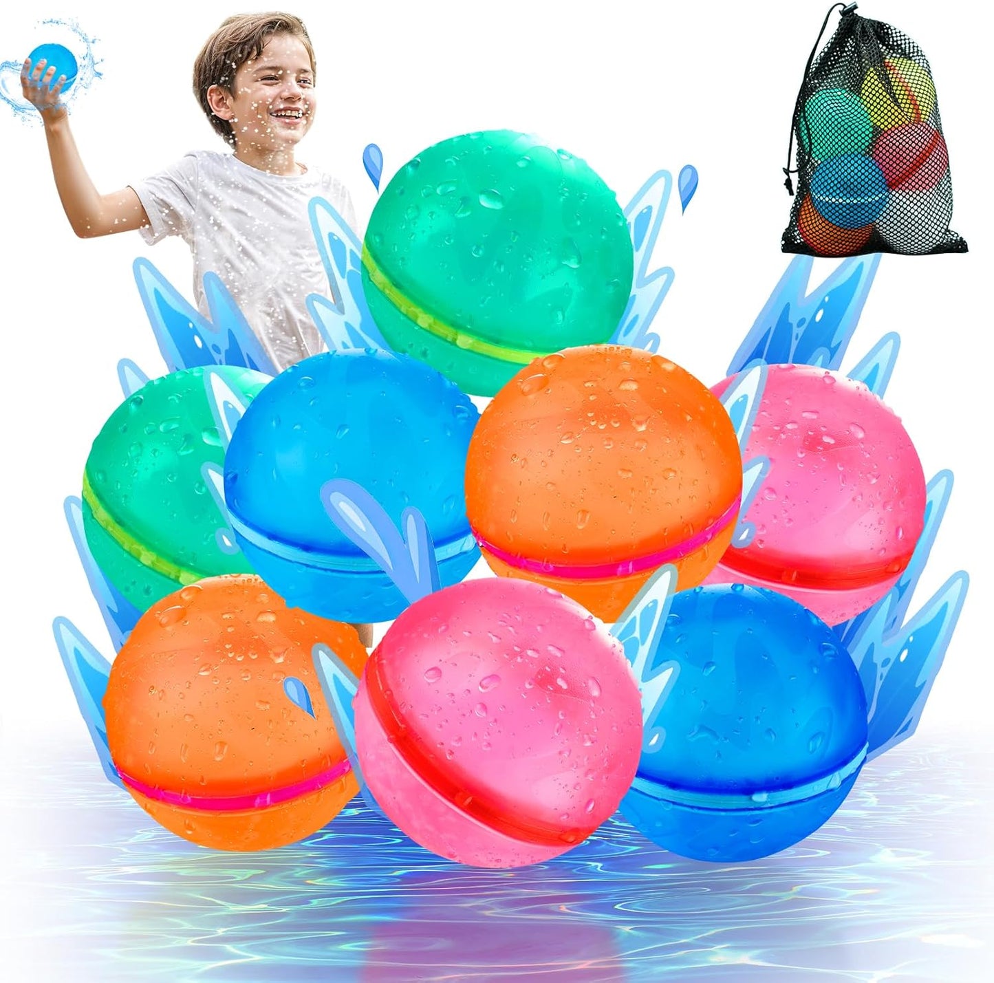 Ghyrex reusable water bomb front view showing the eight colorful silicone magnetic splash balls.