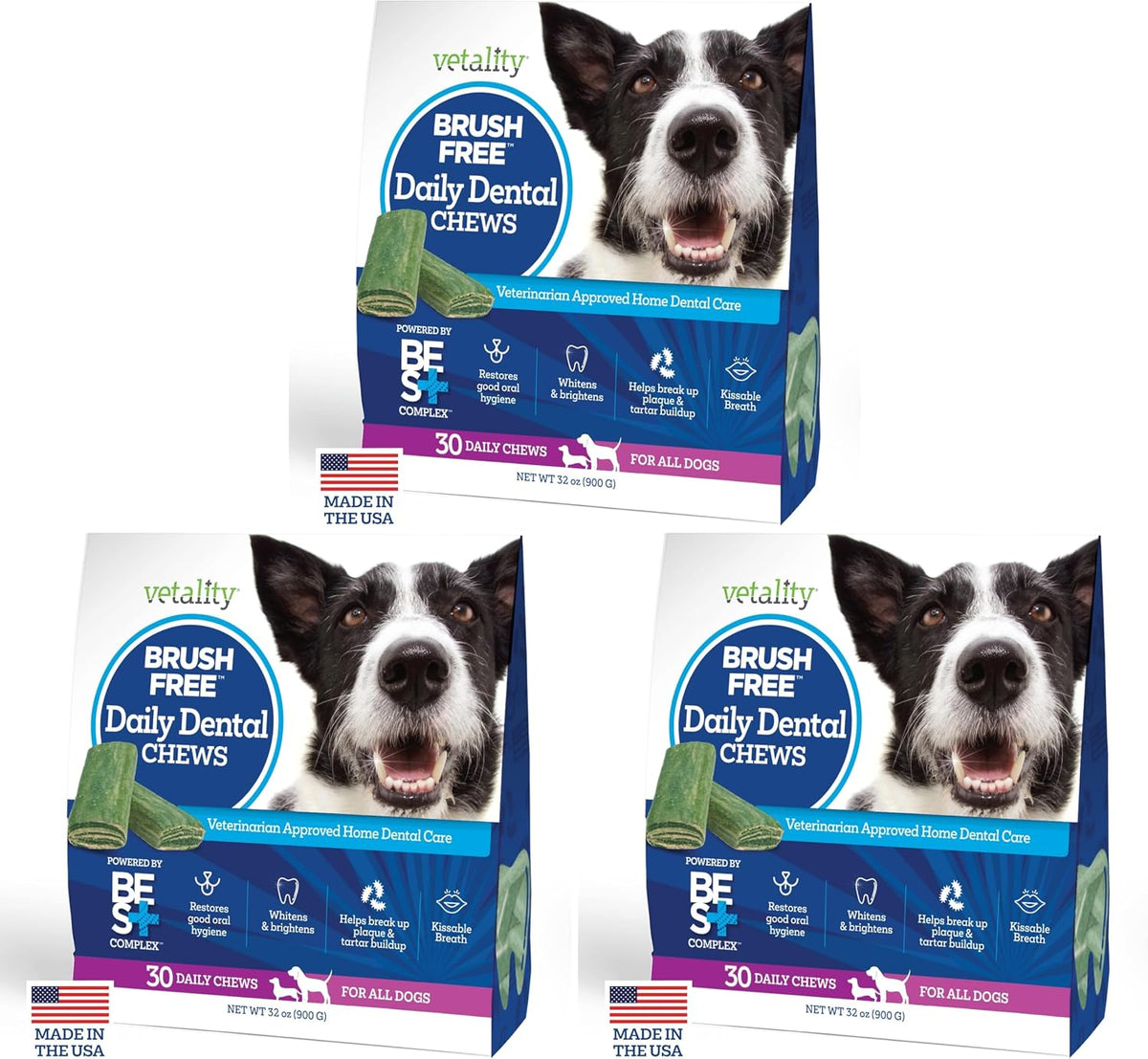 Vetality Brush Free Daily Dental Care Chews for Dogs | Cleans Teeth and Freshens Breath | 30 Count | B.E.S.T. Complex Provides Complete Oral Cleaning and Tartar Control - Image 9