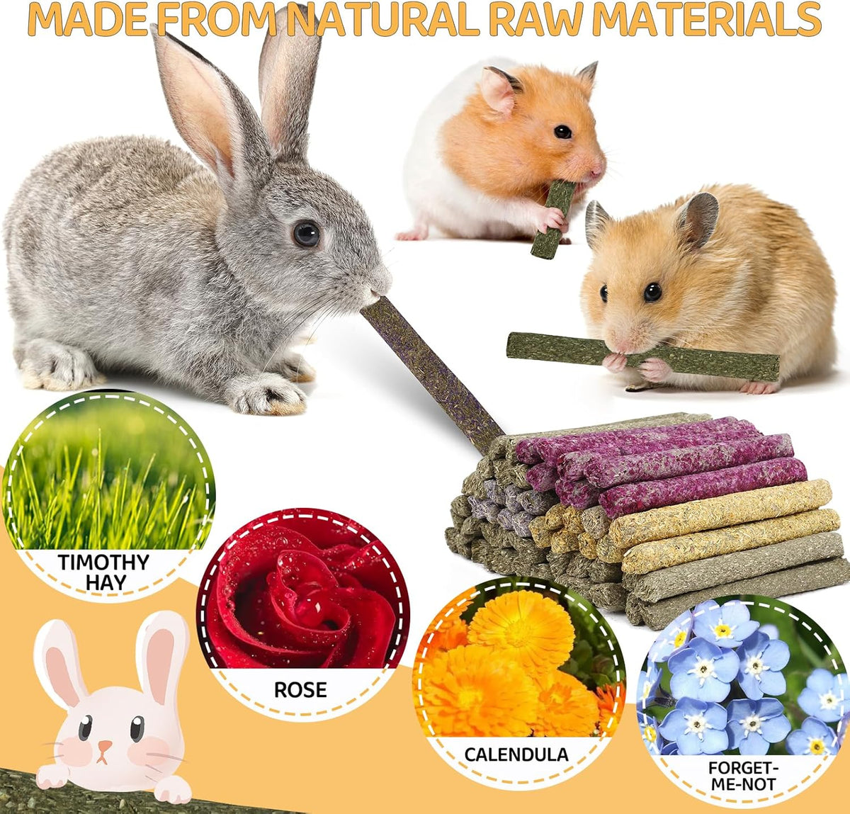 VESPRO timothy grass molar teeth stick bundle showing rose and calendula varieties.