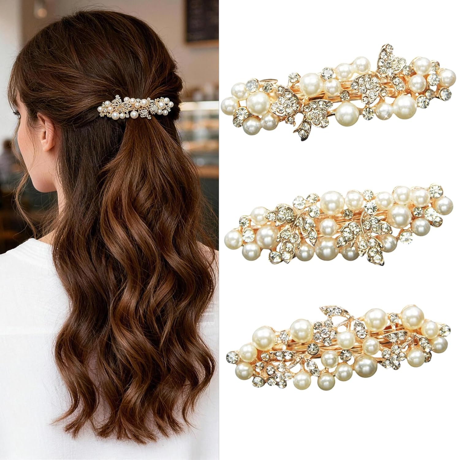 Bukecagif gold pearl hair clips barrettes front view showcasing elegant floral rhinestone design for bridal hair.