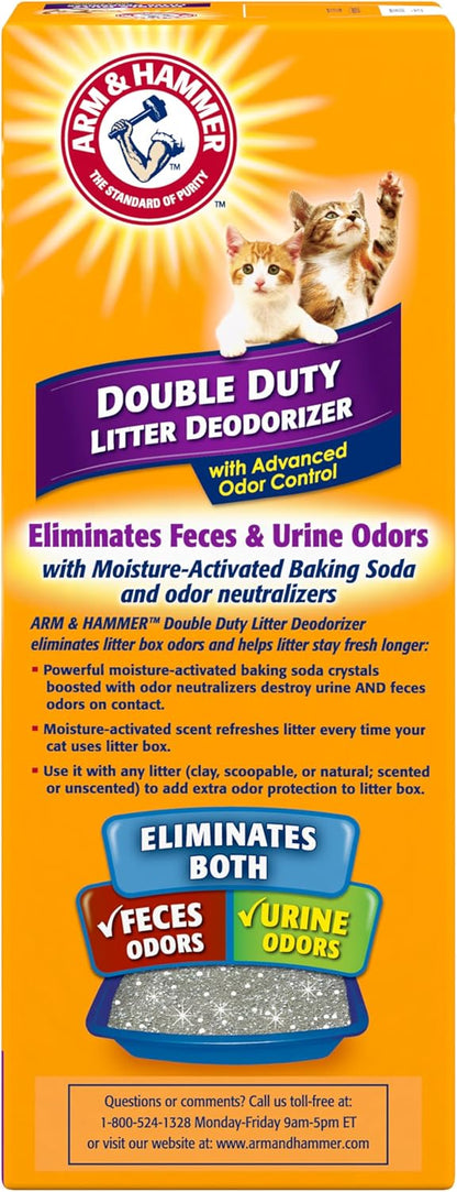 Side view of Arm & Hammer Litter Deodorizer 30 Ounce packaging details and safety information.
