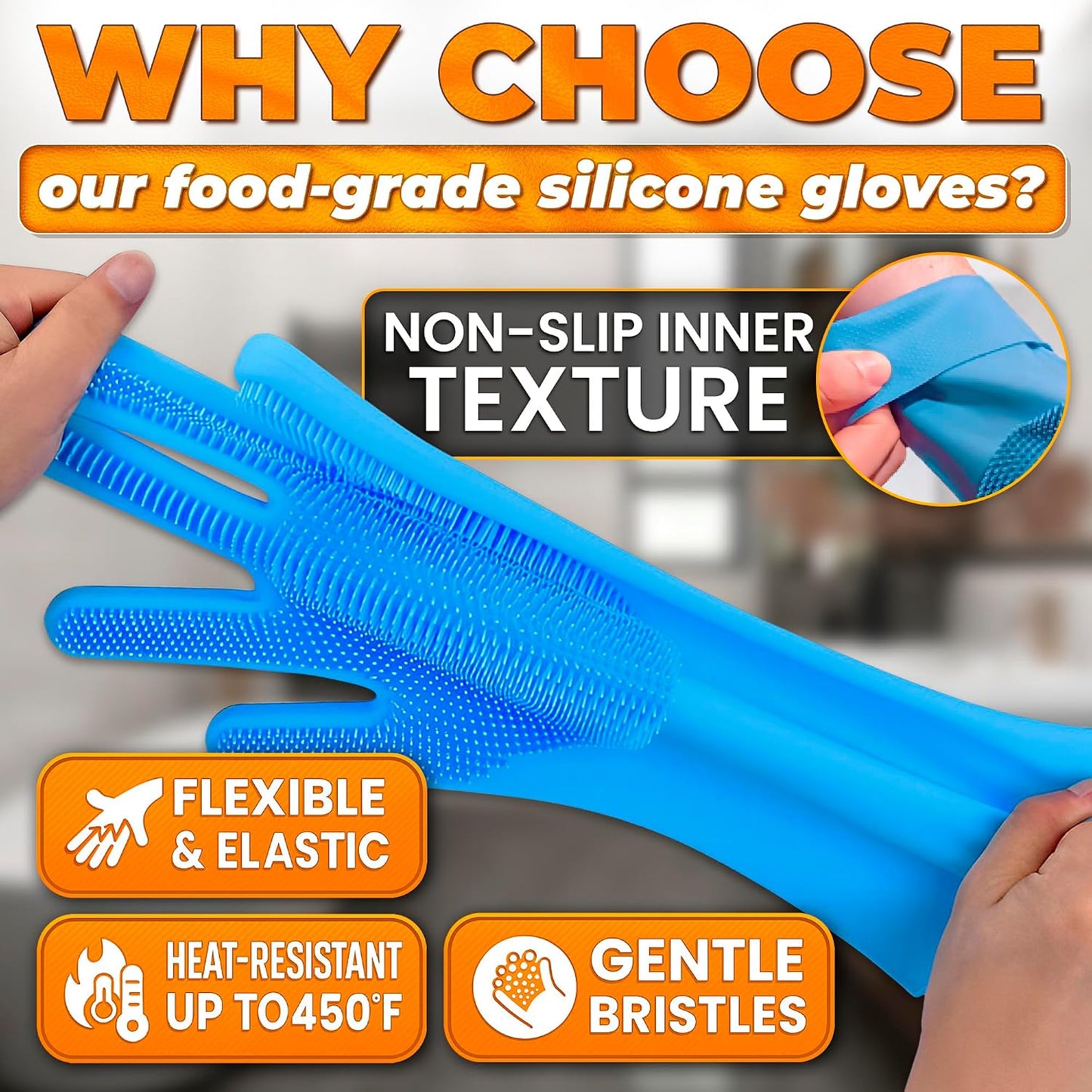 Pet owner using silicone bath gloves to wash a dog