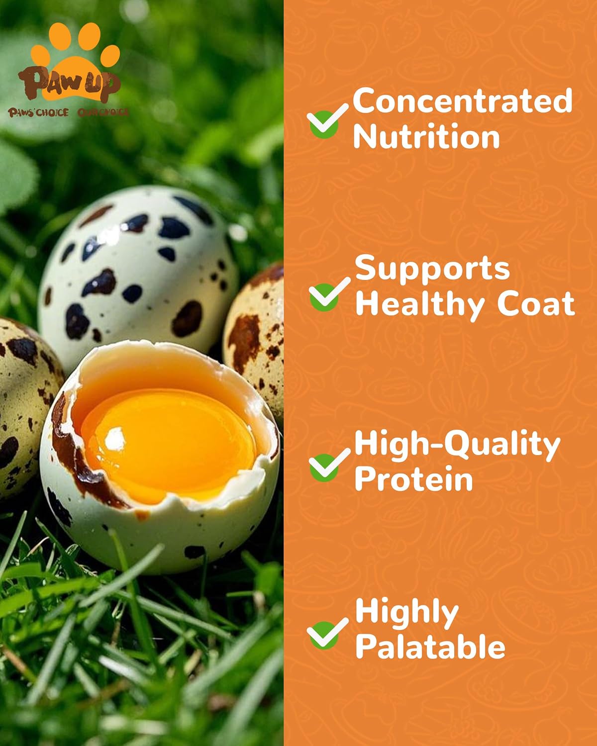 Pawup grain free rawhide free quail egg yolk treats packaging details