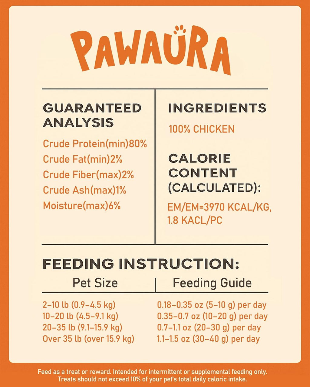 Pawaura freeze dried chicken treats nutritional information label