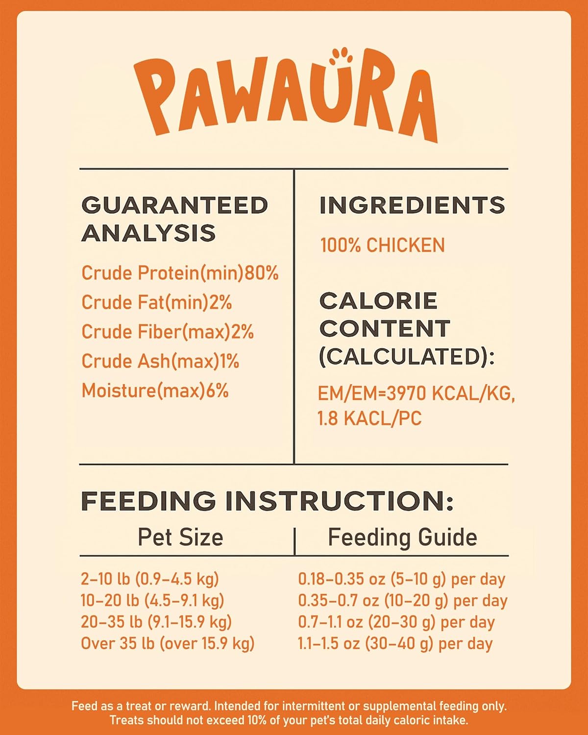 Pawaura freeze dried chicken treats nutritional information label