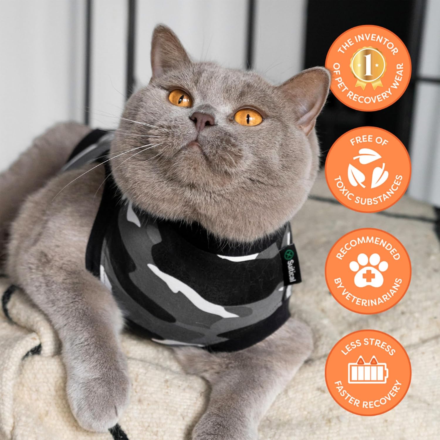 Breathable cotton-lycra cat recovery suit black camouflage pattern