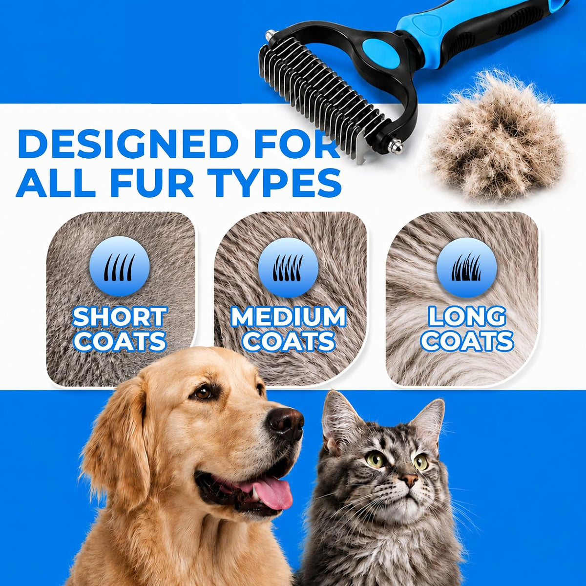 Double-sided pet grooming rake showing 9-tooth dematting side close up