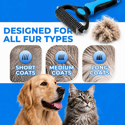 Double-sided pet grooming rake showing 9-tooth dematting side close up