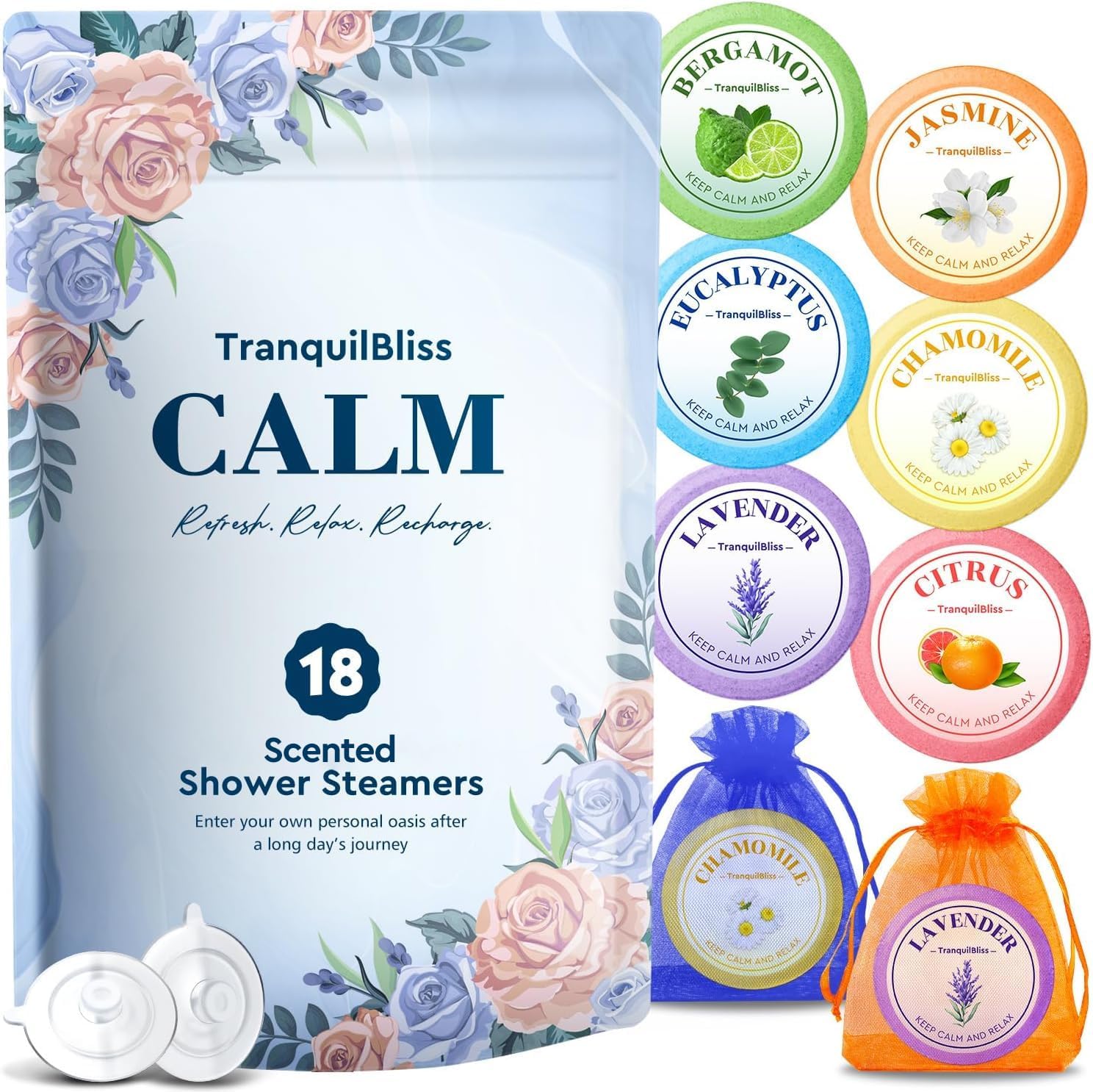TranquilBliss Shower Steamers 18 Pieces box packaging front view showing aromatherapy variety selection.