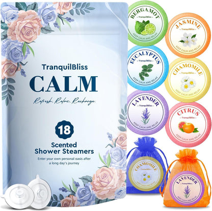 TranquilBliss Shower Steamers 18 Pieces box packaging front view showing aromatherapy variety selection.