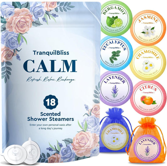 TranquilBliss Shower Steamers 18 Pieces box packaging front view showing aromatherapy variety selection.