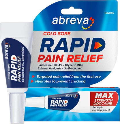 Abreva Cold Sore Treatment Rapid Pain Relief Cream front view packaging
