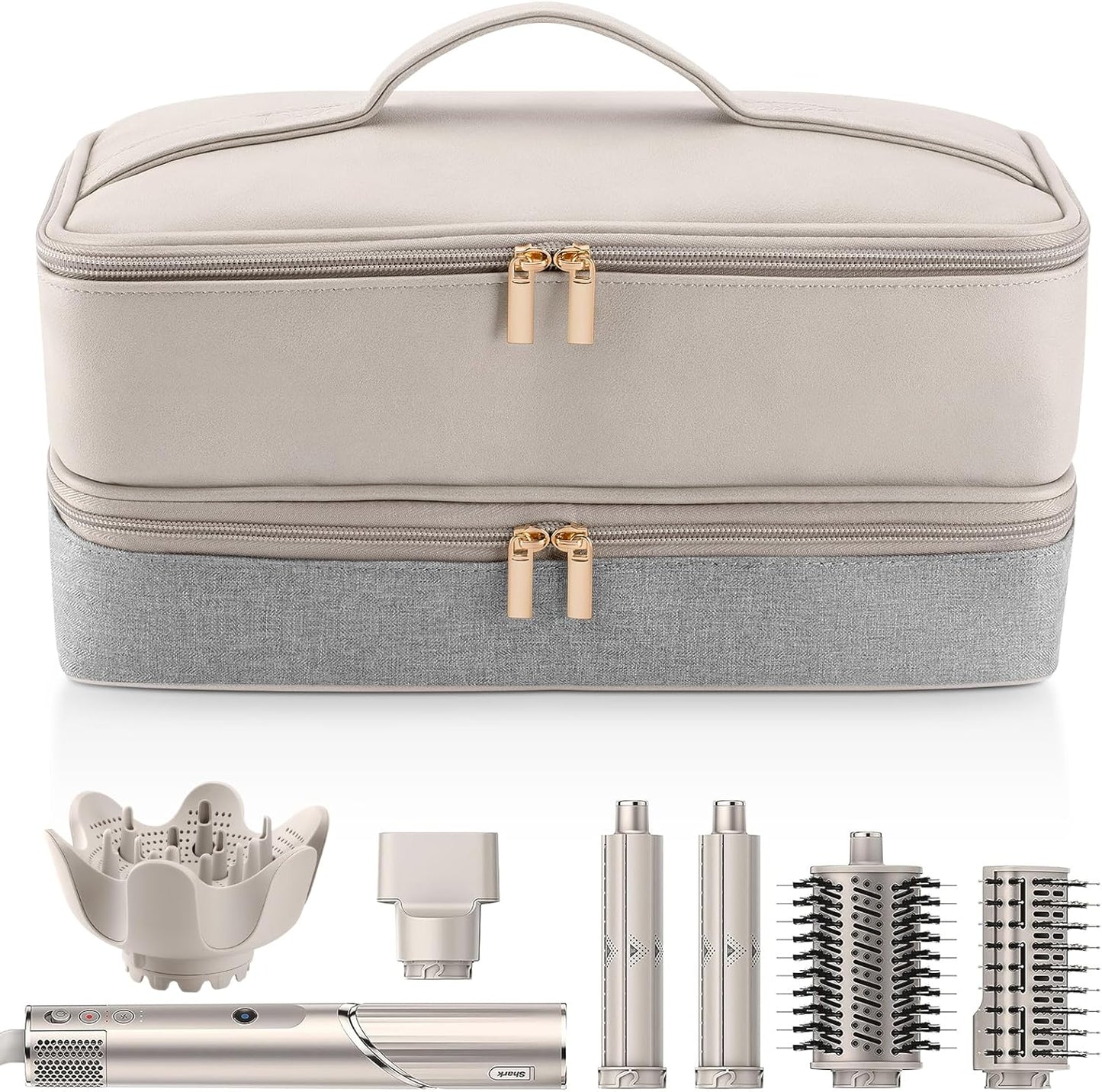 Adworte travel carrying case front view showing gray fabric and beige leather panels