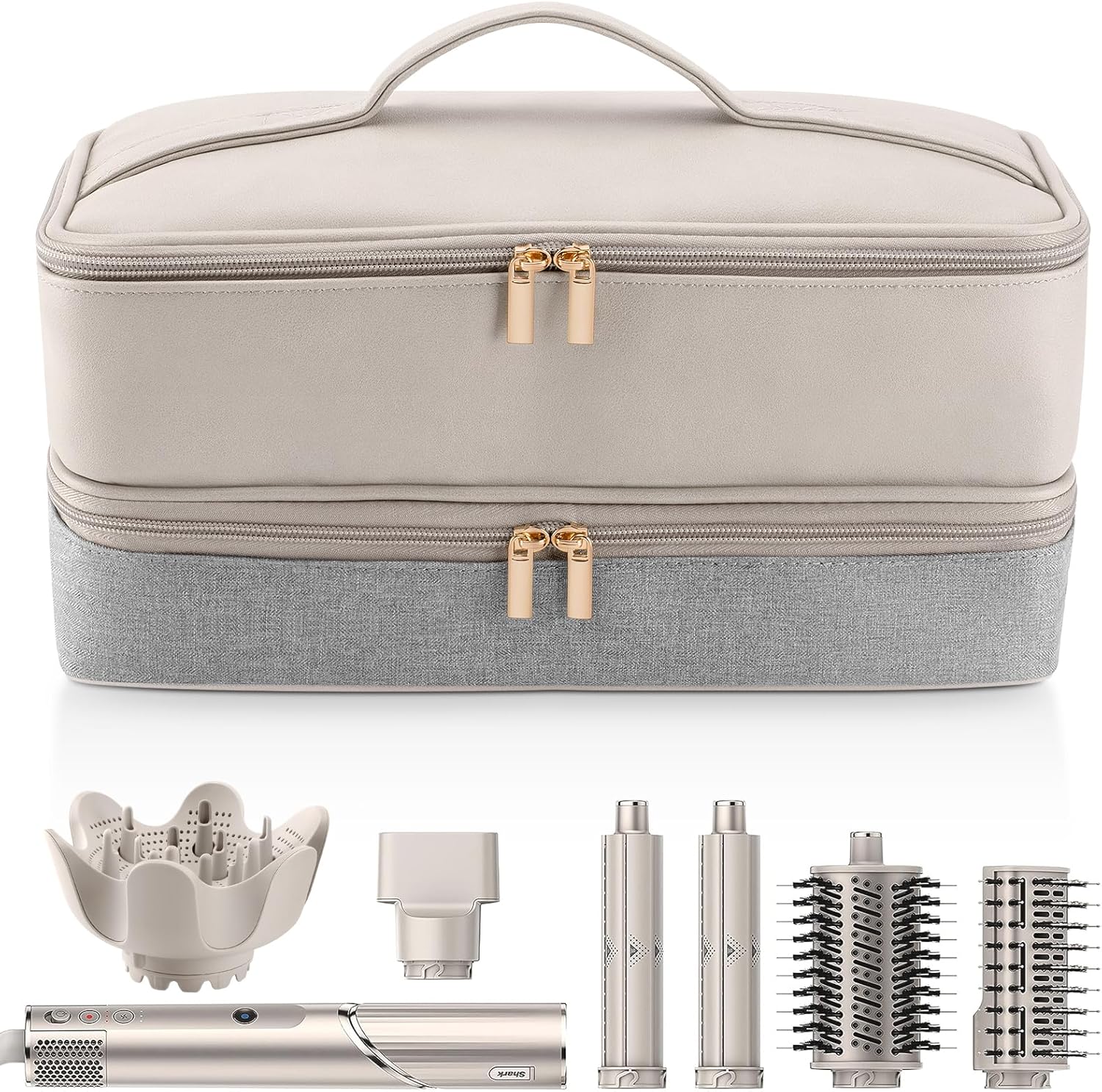 Adworte travel carrying case front view showing gray fabric and beige leather panels
