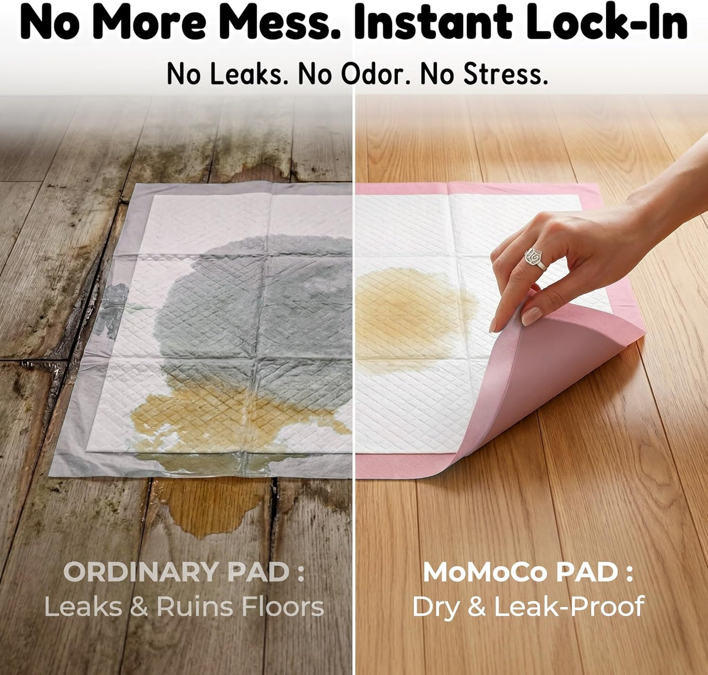 MoMoCo disposable pet training pads leak proof backing protection.
