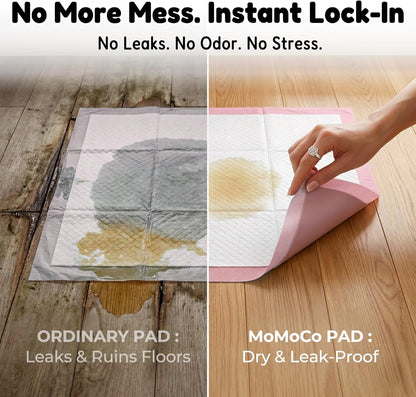 MoMoCo disposable pet training pads leak proof backing protection.