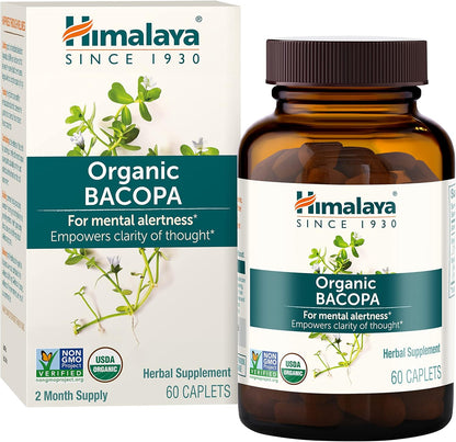 Himalaya Organic Bacopa Monnieri front bottle view for cognitive support memory supplement.