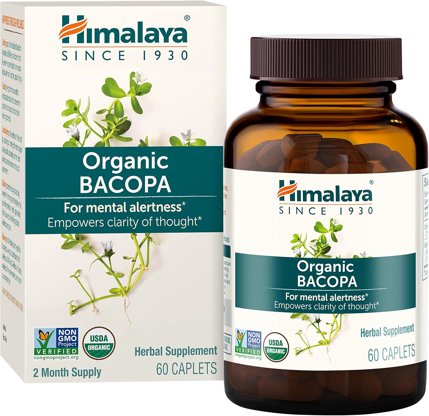 Himalaya Bacopa Monnieri Nootropic Herbal Supplement, Supports Calm, Memory, Cognition, USDA Certified Organic, Non-GMO, 750 mg, 60 Plant-Based Caplets, 60 Day Supply - Image 1