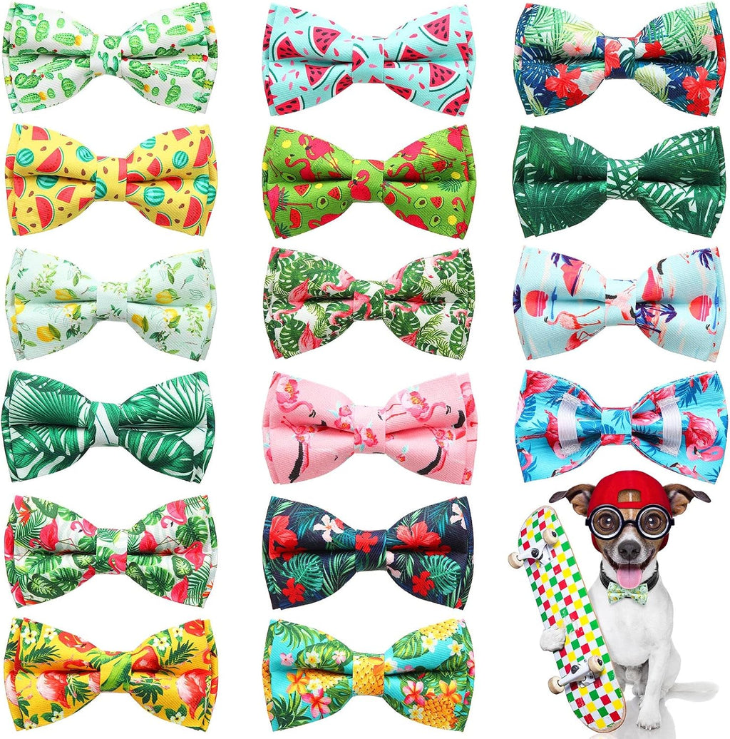 Xuniea dog bow ties front view showing vibrant tropical summer patterns.