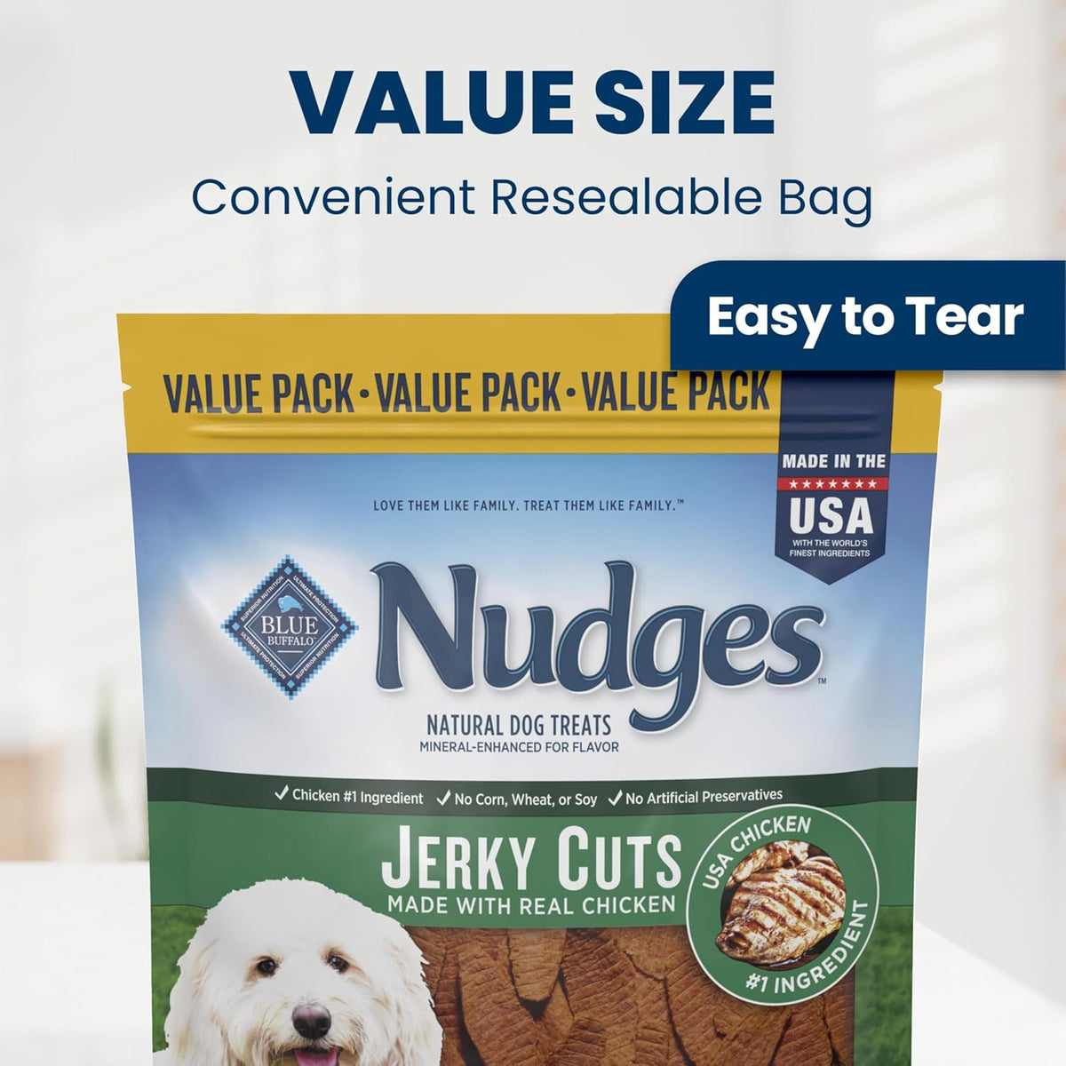 Natural chicken jerky dog treats on white background