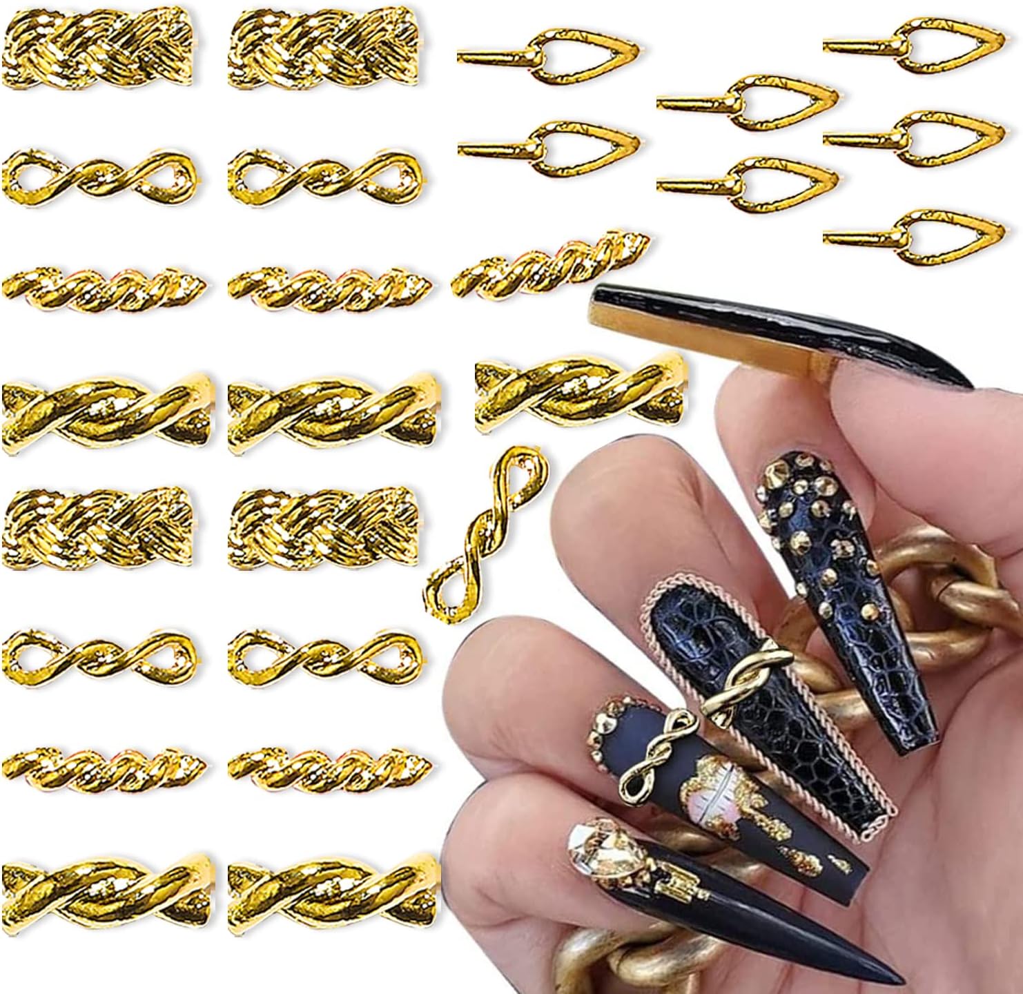 SILPECWEE gold chain nail charms front view showcasing premium 3D metal buckle designs for acrylic manicures.