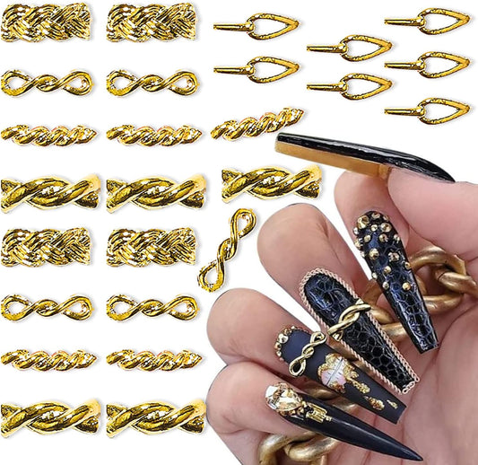 SILPECWEE gold chain nail charms front view showcasing premium 3D metal buckle designs for acrylic manicures.