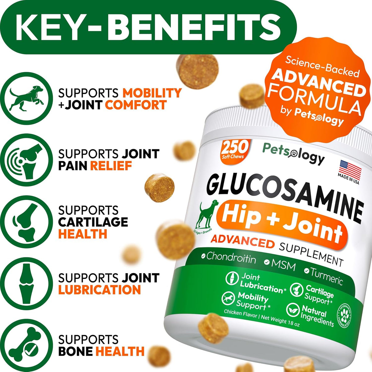 Close up of Petsology glucosamine soft chews for dogs