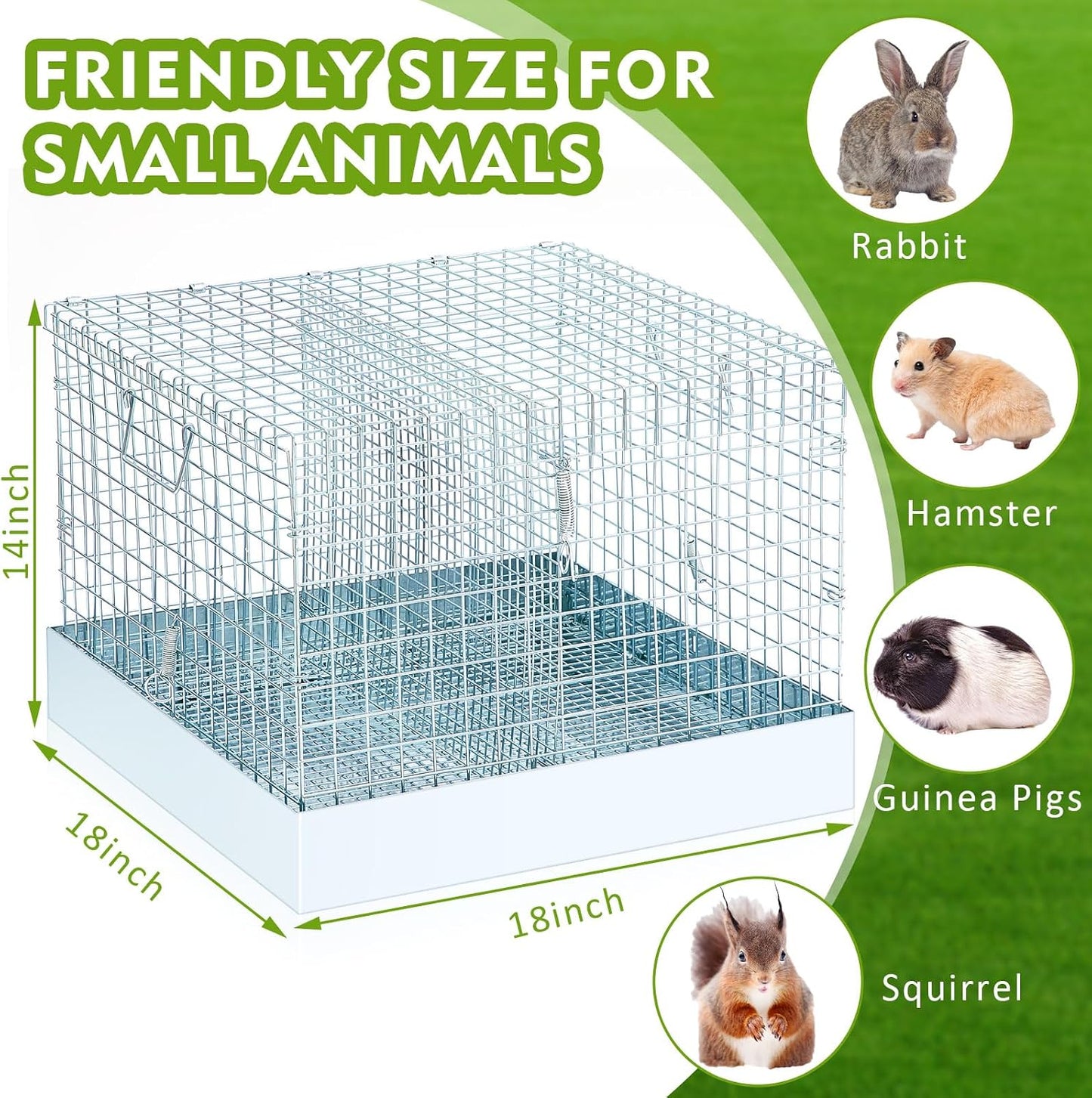 DoubleFill 2 Hole Foldable Rabbit Transport Cage, 18 x 18 x 14 in Portable Metal Bunny Carrier with Tray & Handles for Travel Temporary, Small Animal Cage for Guinea Pigs Hamster Indoor Outdoor - Image 2