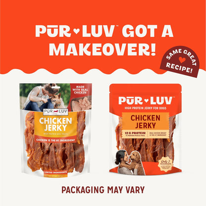 Pur Luv 16 ounce chicken jerky treats high protein label