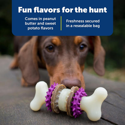 Resealable bag mechanism of the premium imported puppy treat variety pack.