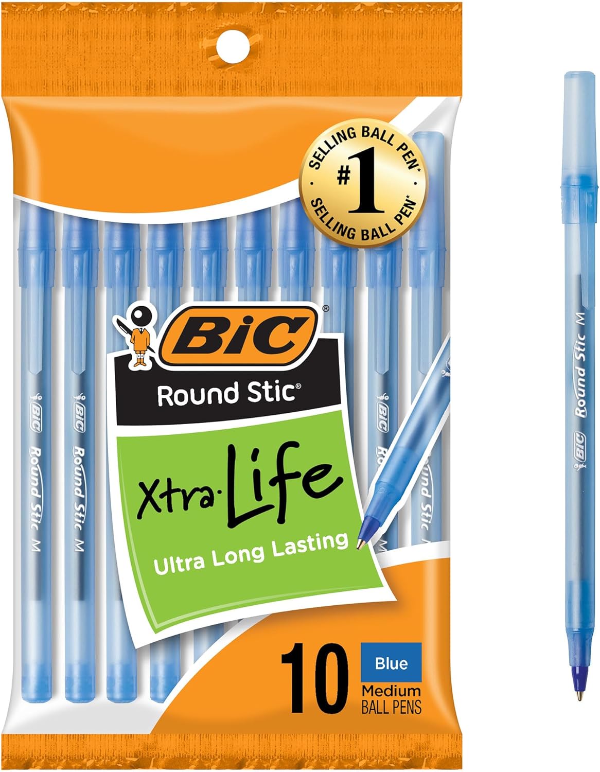 BIC Round Stic Xtra Life Black Ballpoint Pens, Medium Point (1.0mm), 10-Count Pack of Bulk Pens, Flexible Round Barrel for Writing Comfort, No. 1 Selling Ballpoint Pens - Image 6
