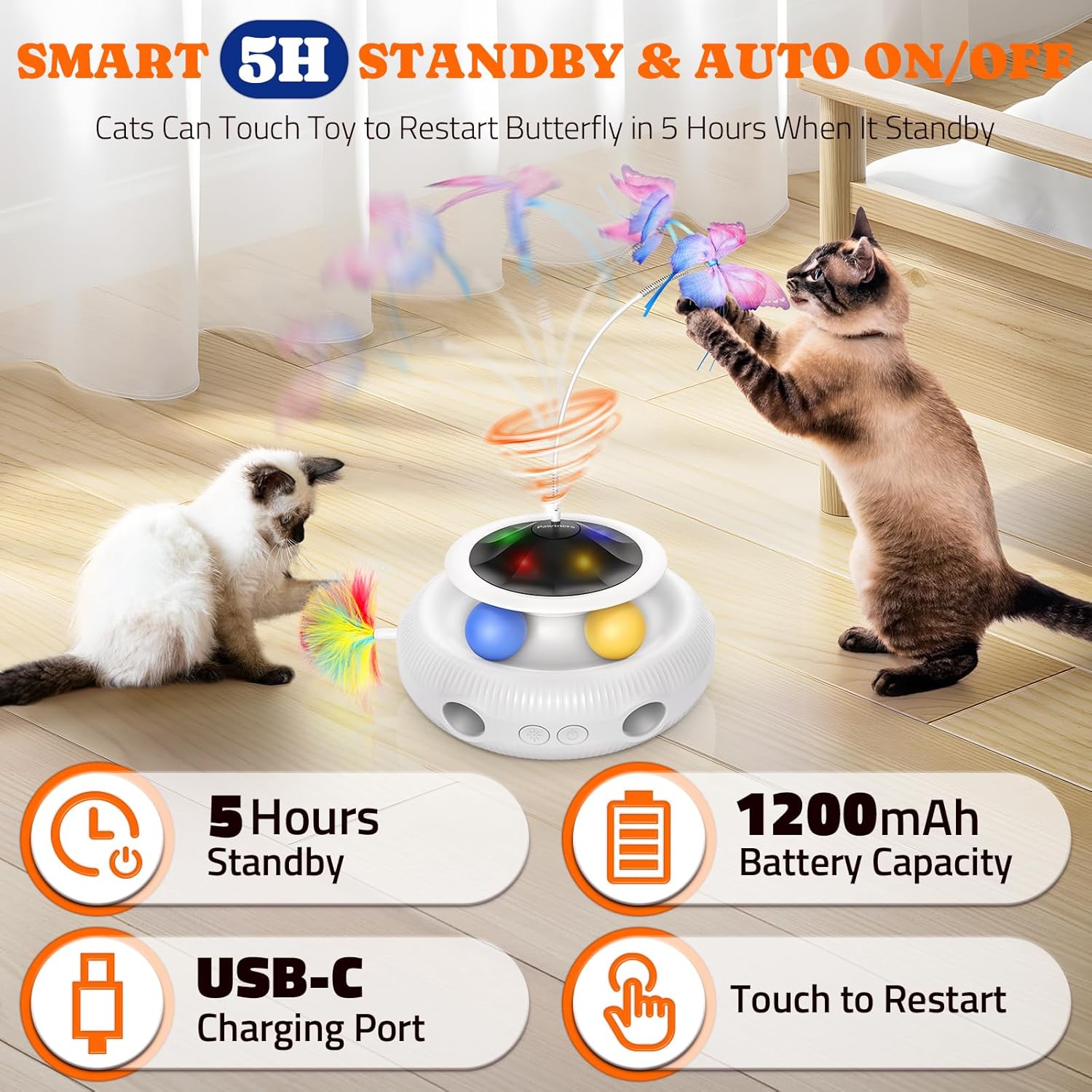 Smart self-play kitten toy entering automatic standby mode on a living room floor