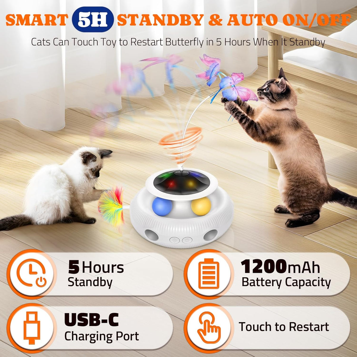 Smart self-play kitten toy entering automatic standby mode on a living room floor