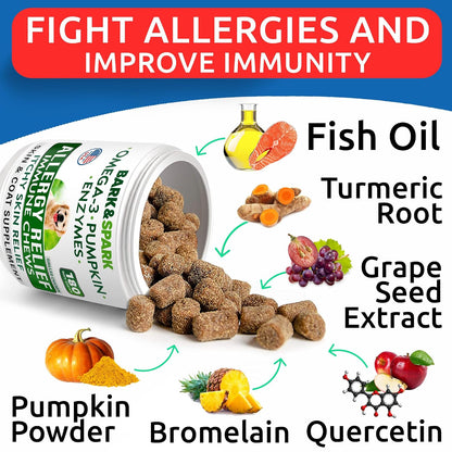 Bark&Spark non GMO allergy skin and coat supplement container showing ingredients list