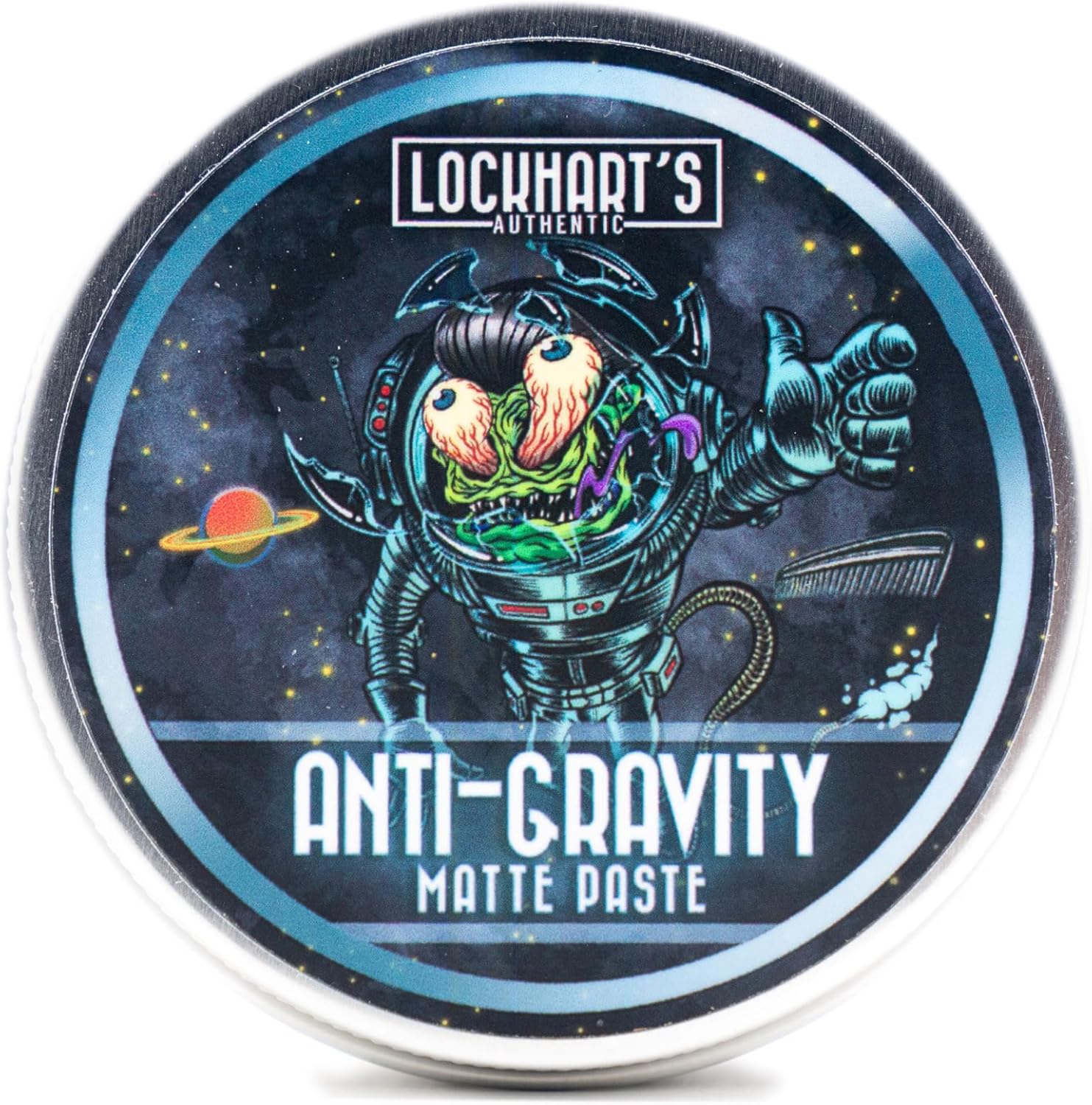Lockhart's Authentic Anti-Gravity Matte Hair Paste front view container with space monster lid illustration