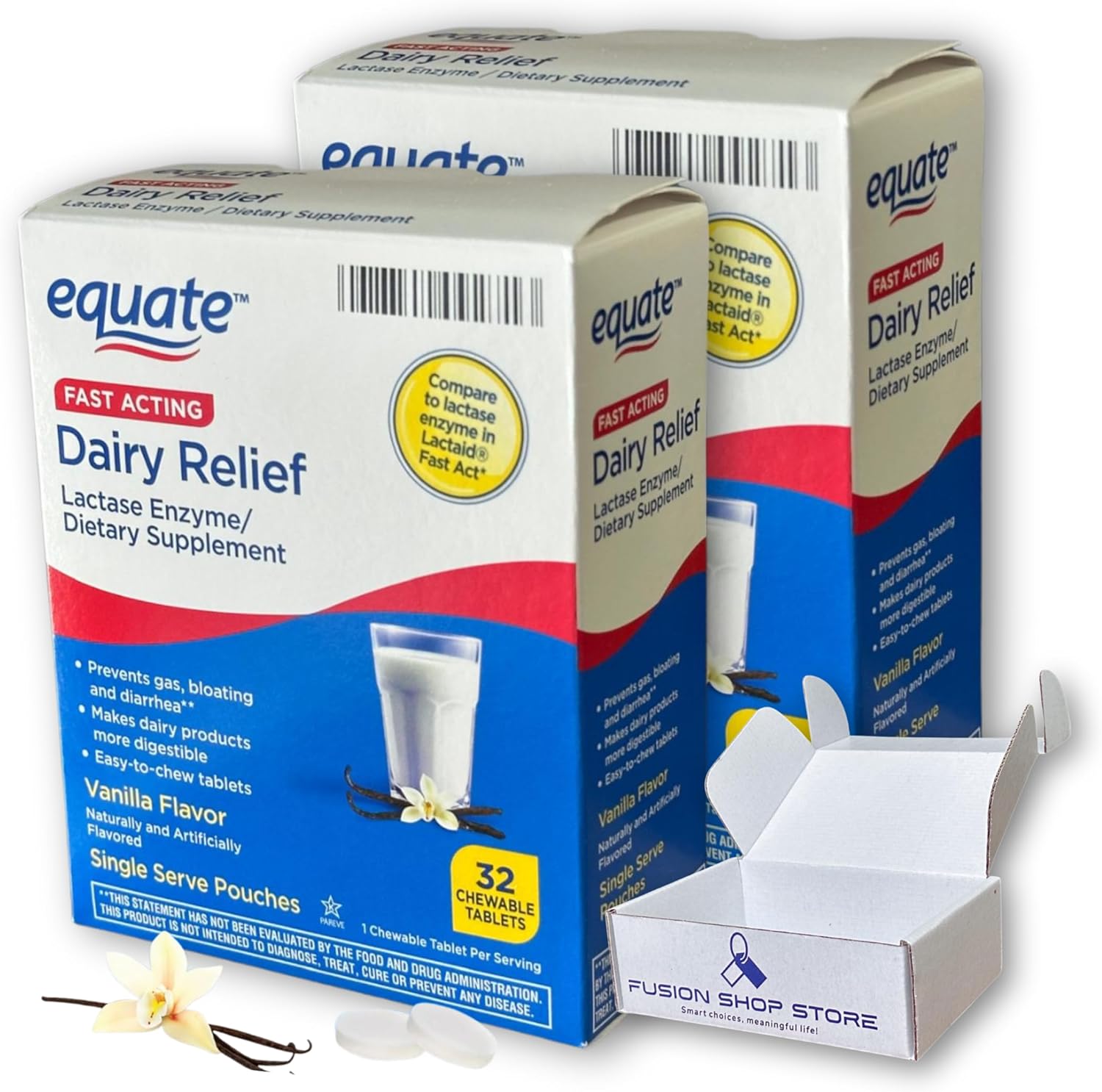 Equate Dairy Relief vanilla chewable tablets front package view for lactose intolerance relief