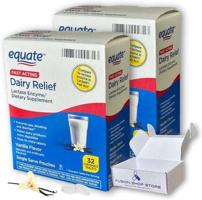 Equate Dairy Relief vanilla chewable tablets front package view for lactose intolerance relief
