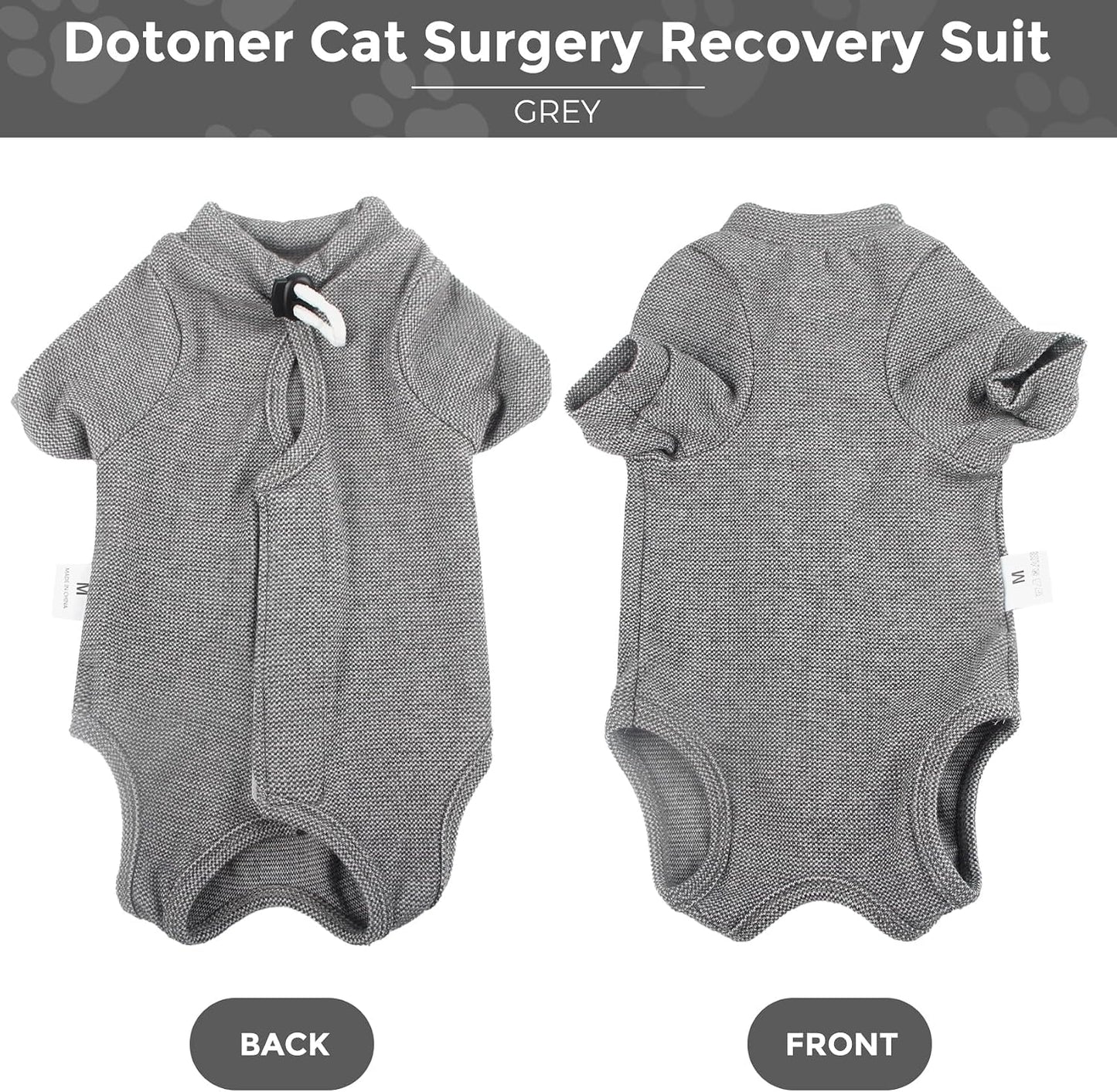 Dotoner neuter recovery suit rear view highlighting the open pet toilet design for hassle-free litter box use.