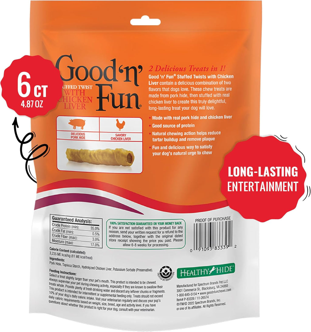 Good 'N' Fun pork hide dog treats stuffed with chicken liver recipe premium pet snacks