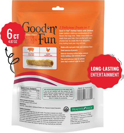 Good 'N' Fun pork hide dog treats stuffed with chicken liver recipe premium pet snacks