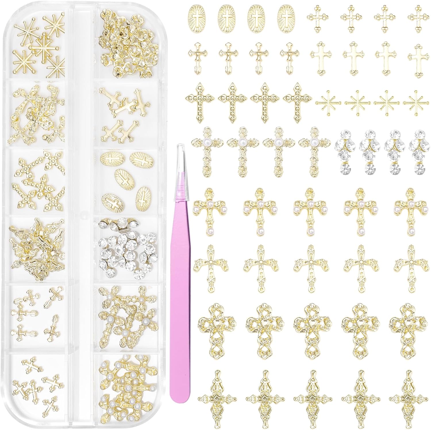 Tatiwoo 60 Pieces Gold Cross Nail Charms set front view in storage box
