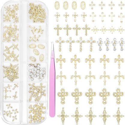 Tatiwoo 60 Pieces Gold Cross Nail Charms set front view in storage box