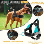 SlowTon heavy duty dog harness and leash set laid out flat showing the black color and reflective strips.