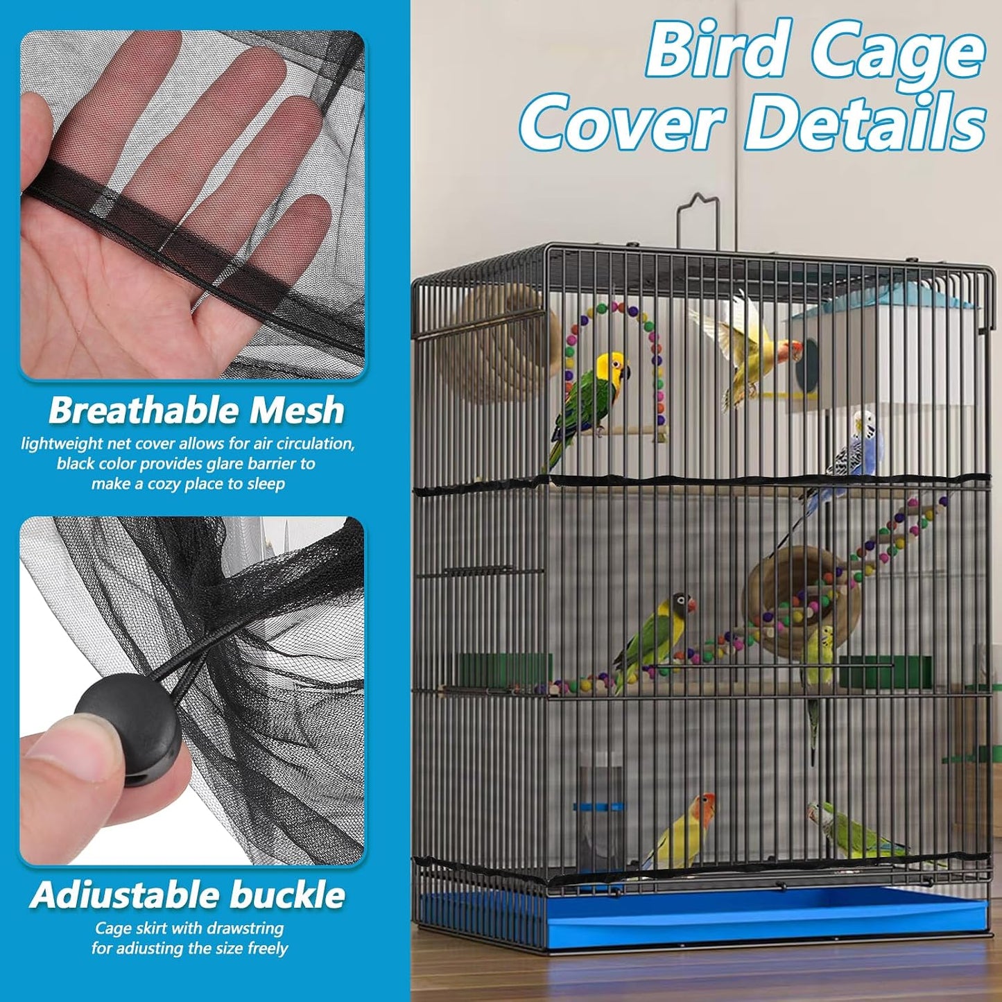 Black airy birdcage skirt installed on a large square parrot habitat