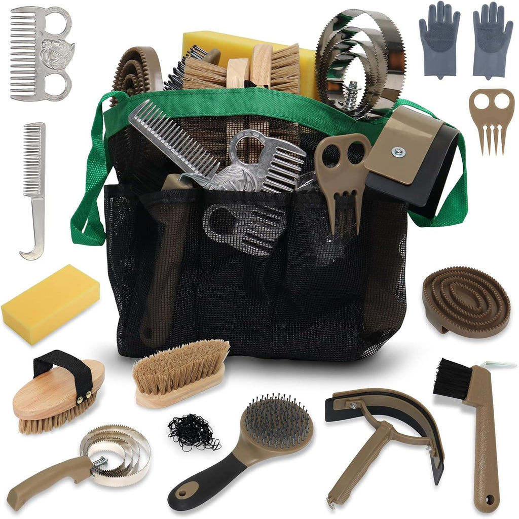 Swess horse grooming kit fourteen pieces front view showing full set of professional equine brushes.