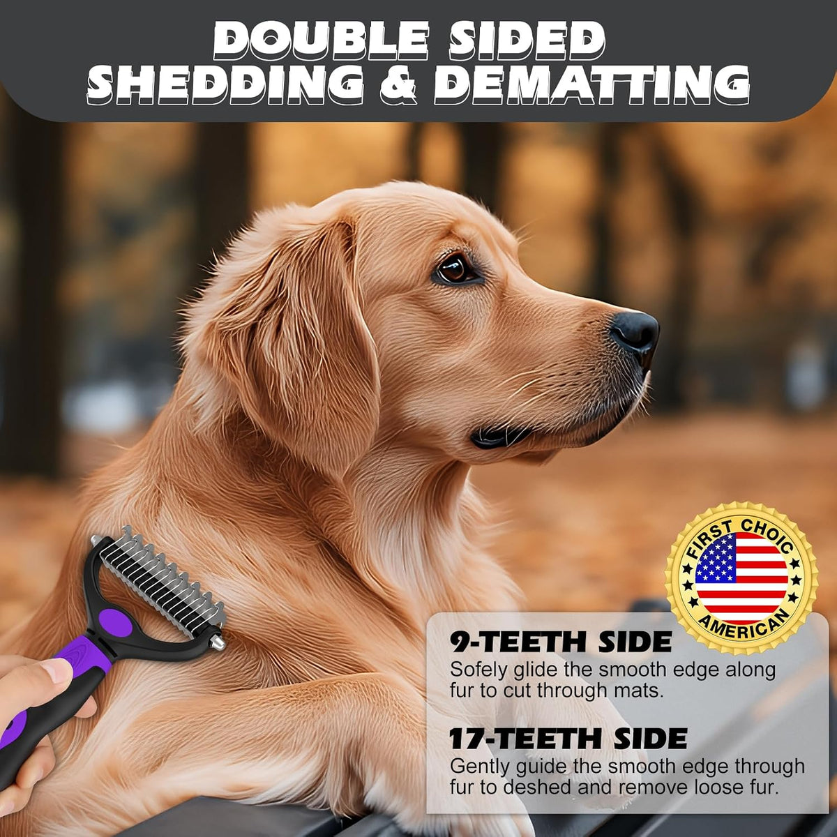 Double-sided dematting tool close up highlighting the stainless steel teeth for deshedding.