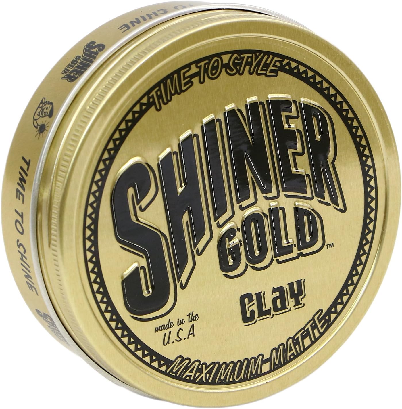 Shiner Gold Maximum Matte Clay Pomade front view of the premium aluminum container for premium hair styling